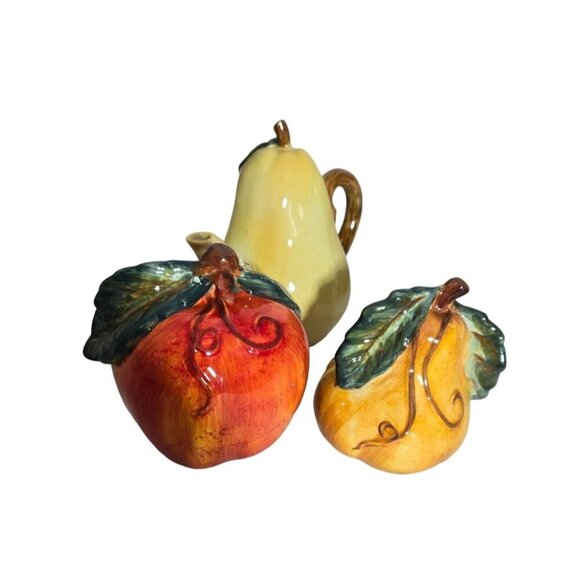Fruit Teapot & Salt Pepper Shakers Set Apple Pear Kitchen Decor Ceramic - Picture 2 of 16
